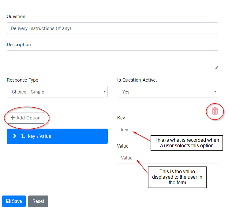 Question choice options